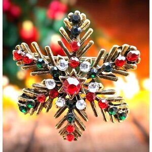 Christmas Snowflake Brooch Pin Star Red Green Crystal Accents Festive Wi…